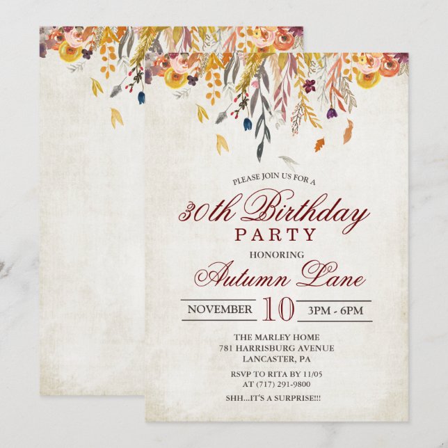 Invitación de cumpleaños de hojas de otoño para cu (Anverso / Reverso)