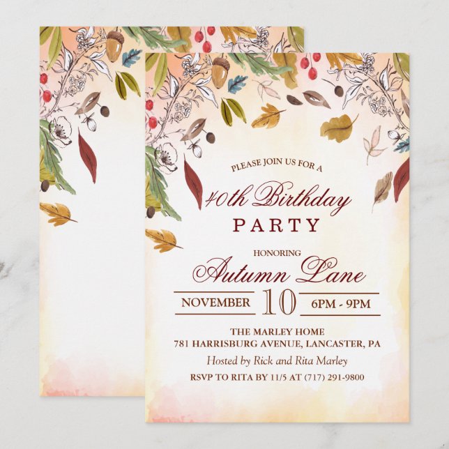 Invitación de cumpleaños de hojas de otoño rústica (Anverso / Reverso)