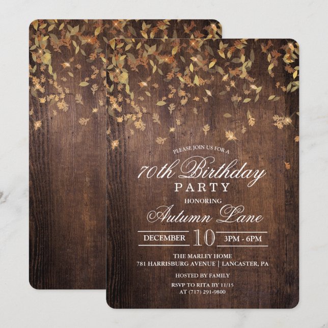 Invitación de cumpleaños de hojas que caen para cu (Anverso / Reverso)