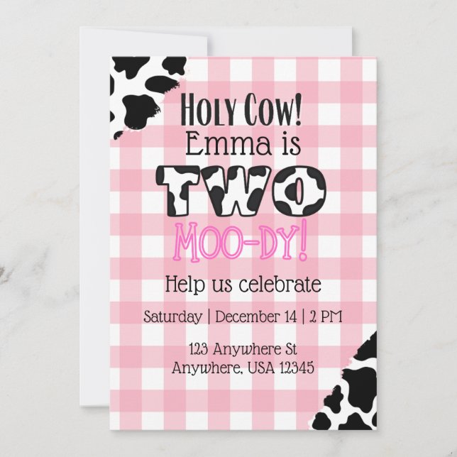 Invitación de cumpleaños de Holy Cow Two Moo-dy (Anverso)