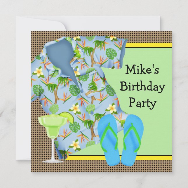 Invitación de cumpleaños de hombre en la playa con (Anverso)