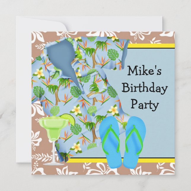 Invitación de cumpleaños de hombre en la playa con (Anverso)