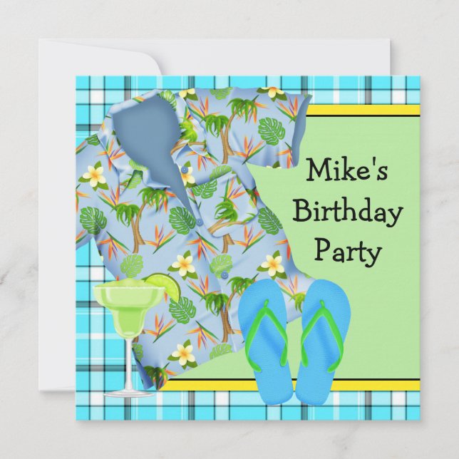 Invitación de cumpleaños de hombre en la playa con (Anverso)