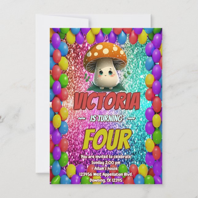Invitación de cumpleaños de hongos para los niños (Anverso)