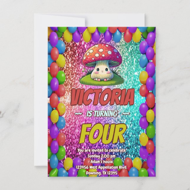 Invitación de cumpleaños de hongos para los niños (Anverso)