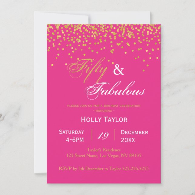 Invitación de cumpleaños de Hot Pink y Black 50 (Anverso)
