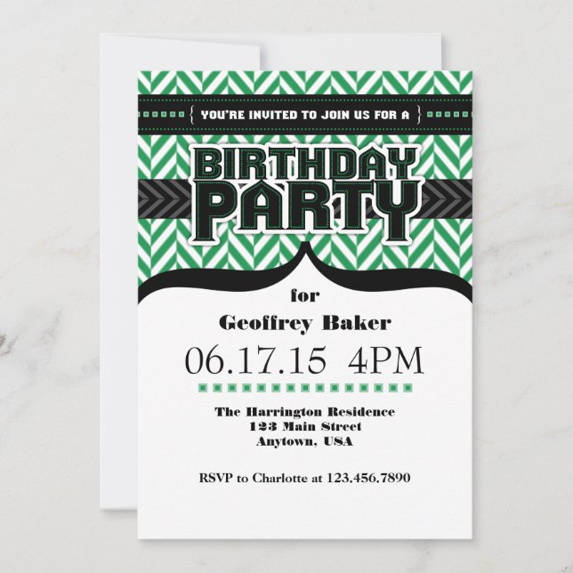 Invitación de cumpleaños de hueso negro verde (Anverso)