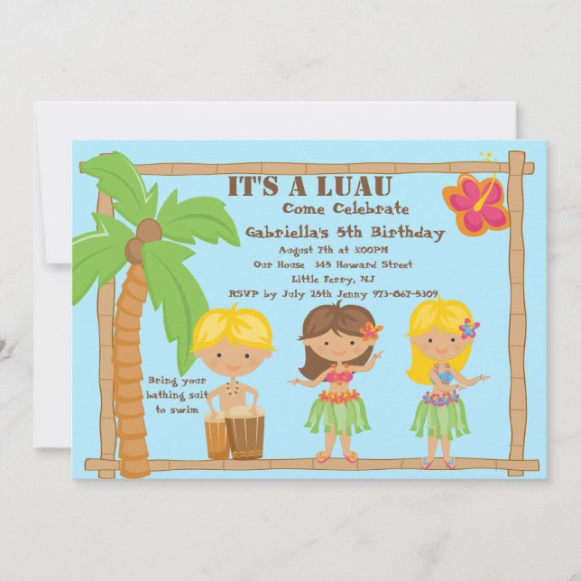 Invitación de cumpleaños de Hula Kids Luau (Anverso)