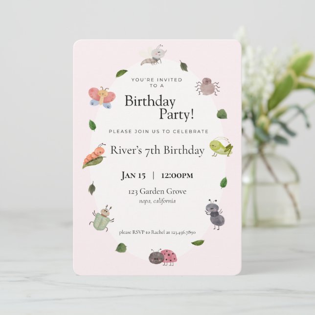 Invitación de cumpleaños de insectos (Anverso de pie)