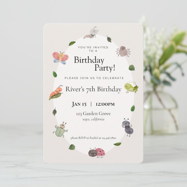 Invitación de cumpleaños de insectos (Anverso de pie)