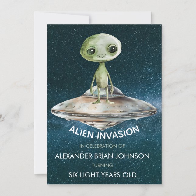 Invitación de cumpleaños de invasión alienígena de (Anverso)