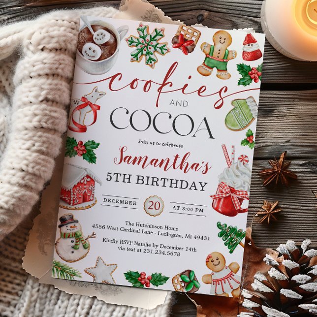 Invitación de cumpleaños de invierno con galletas  (Cookies and Cocoa Winter Birthday Invitation
)
