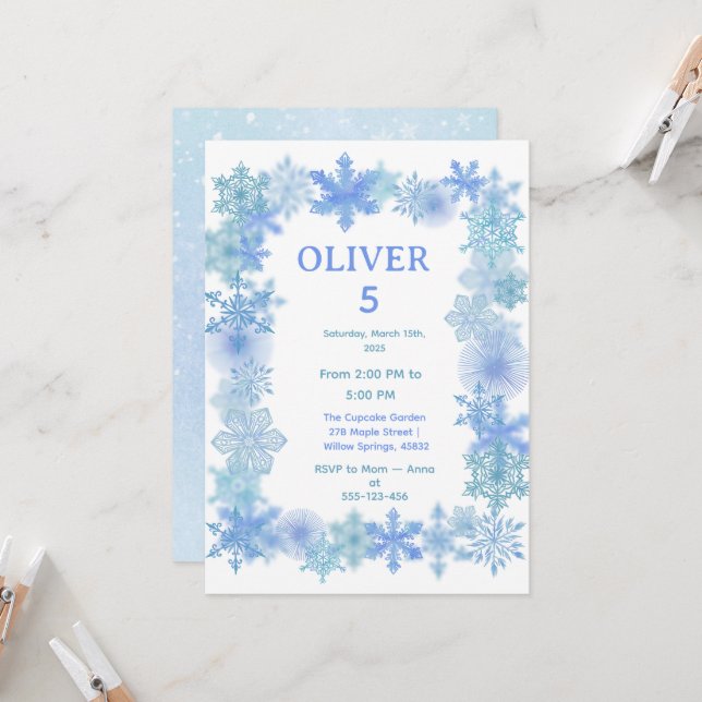 Invitación de cumpleaños de invierno, copo de niev (Anverso/Reverso In Situ)
