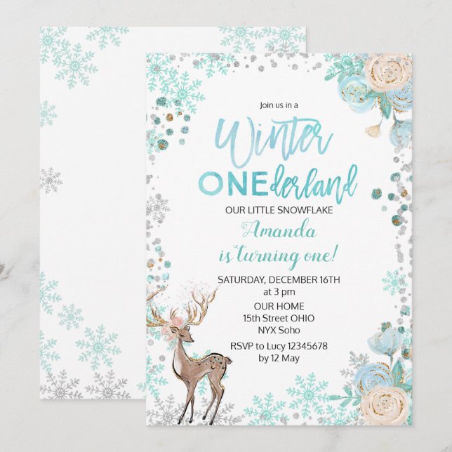 Invitación de cumpleaños de invierno de ciervo ONE (Anverso / Reverso)