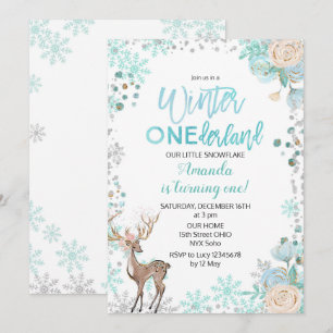 Invitación de cumpleaños de invierno de ciervo ONE