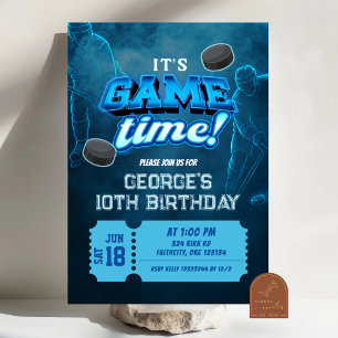 Invitación de cumpleaños de invierno de hockey neó