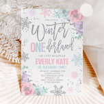 Invitación de cumpleaños de invierno de ONEderland<br><div class="desc">Invierno Rosado Y Plateado, Cumpleaños De Un País. El efecto Purpurina dentro de este diseño es una imagen digital hecha para parecer un verdadero purpurina. Alta calidad y aún magnífico, pero no se utilizará ningún verdadero purpurina en la fabricación de este producto. Todos los diseños son © PIXEL PERFECTION FIESTA...</div>