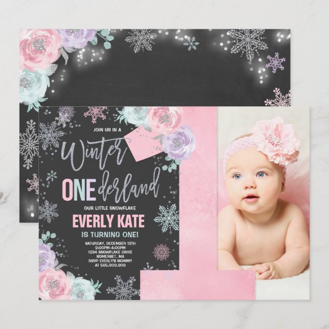Invitación de cumpleaños de invierno de ONEderland (Anverso / Reverso)
