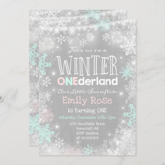 Invitación de cumpleaños de invierno de ONEderland (Anverso / Reverso)