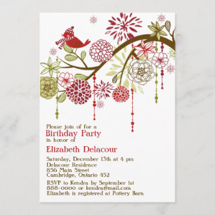 Invitación de cumpleaños de invierno de pájaro roj