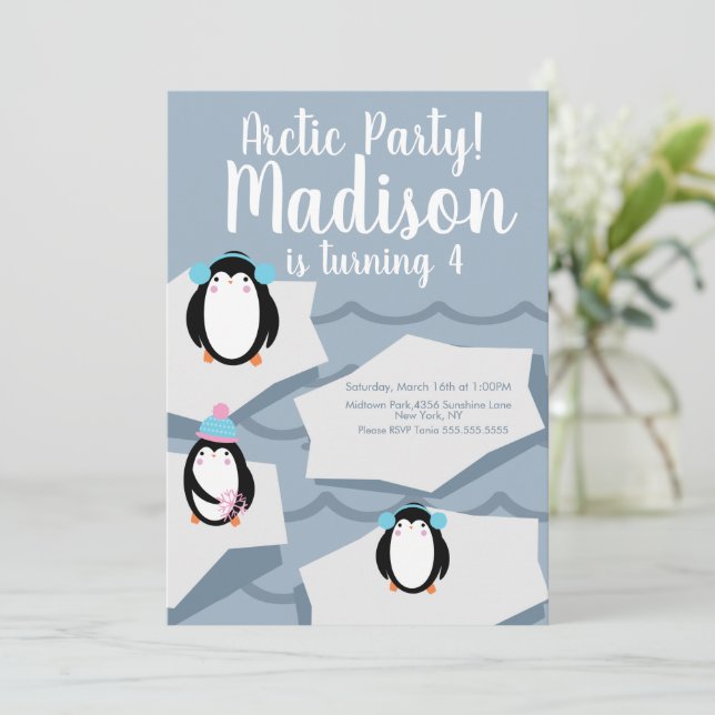 Invitación de cumpleaños de invierno de pingüino m (Anverso de pie)