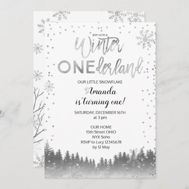 Invitación de cumpleaños de invierno de Silver ONE (Anverso / Reverso)