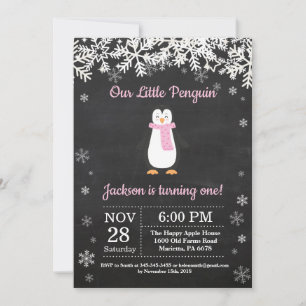 Invitación de cumpleaños de invierno rosa de pingü