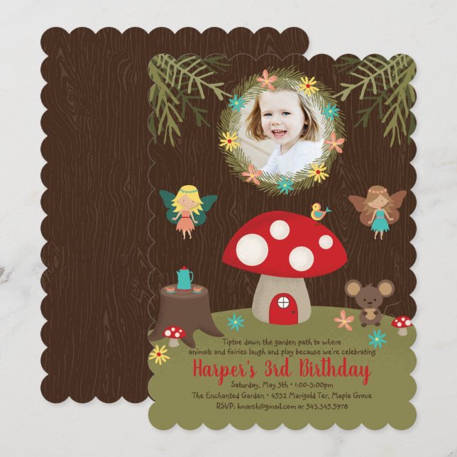 Invitación de cumpleaños de jardín encantado (Anverso / Reverso)