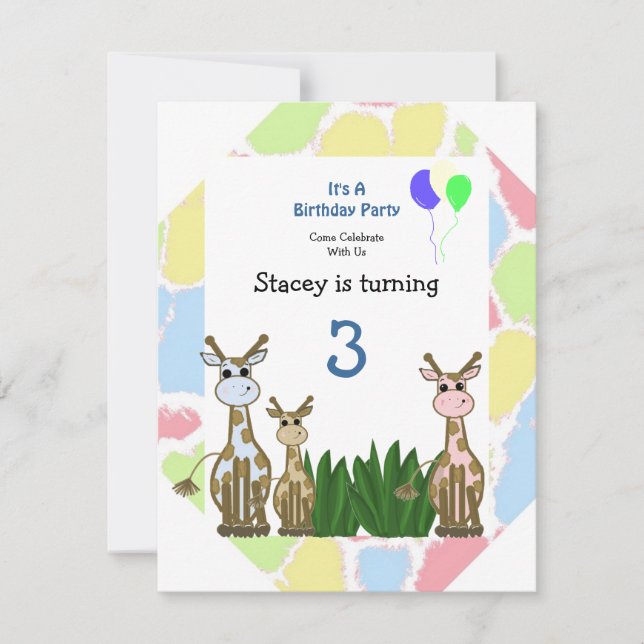 Invitación de cumpleaños de jirafa (Anverso)