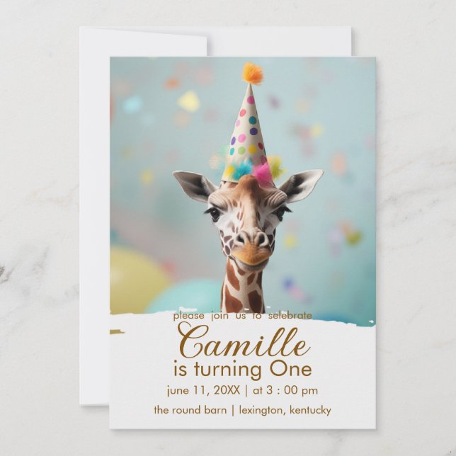Invitación de cumpleaños de jirafa adorable (Anverso)