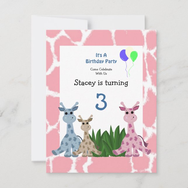 Invitación de cumpleaños de jirafa animal (Anverso)