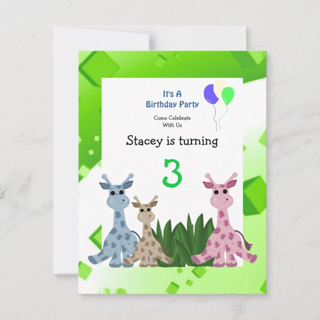 Invitación de cumpleaños de jirafa animal (Anverso)