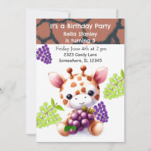 Invitación de cumpleaños de jirafa bebé con uvas