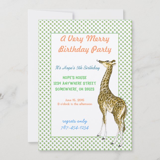 Invitación de cumpleaños de jirafa con borde de pu (Anverso)
