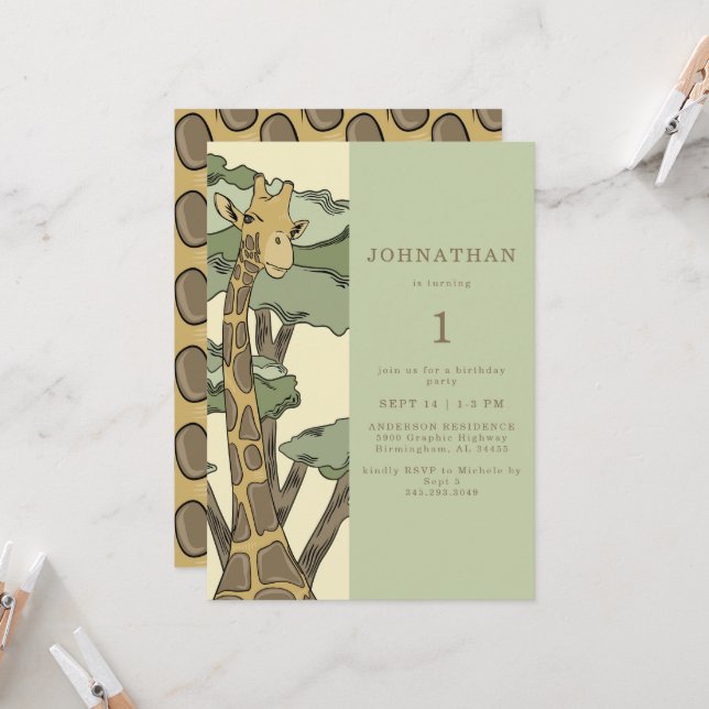 Invitación de cumpleaños de jirafa linda (Anverso/Reverso In Situ)