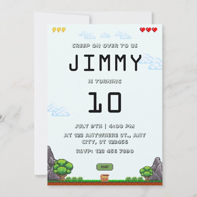 Invitación de cumpleaños de juego de píxeles (Anverso)