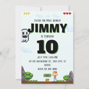 Invitación de cumpleaños de juego de píxeles para 
