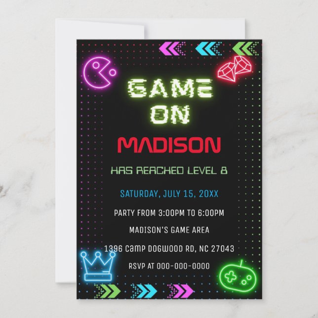 Invitación de cumpleaños de juego neón (Anverso)