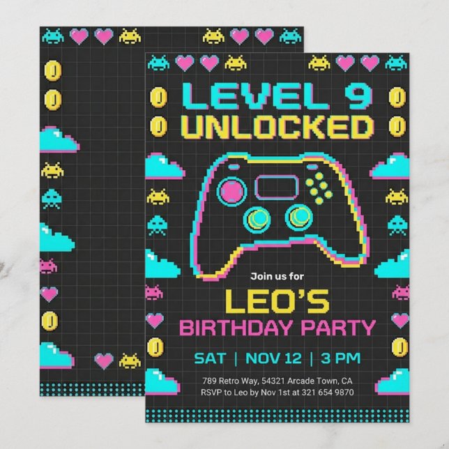 Invitación de cumpleaños de juegos retro Pixel Gam (Anverso / Reverso)