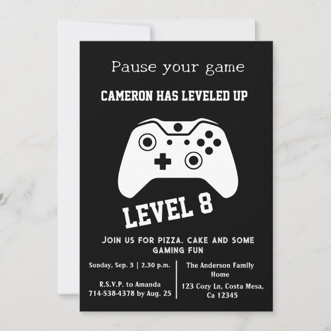 Invitación de cumpleaños de jugador de nivel de vi (Anverso)