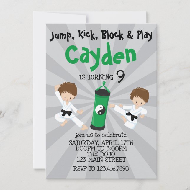 Invitación de cumpleaños de Karate Boy Green (Anverso)