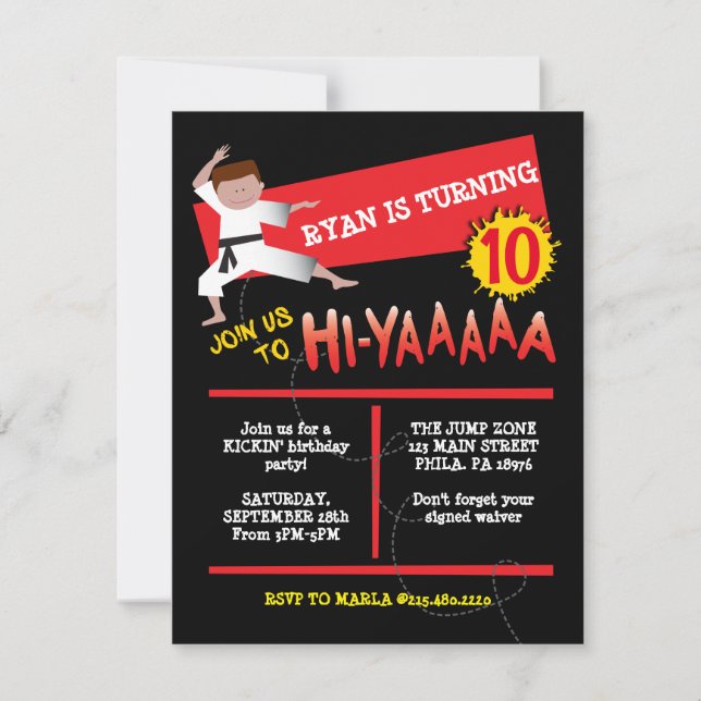 Invitación de cumpleaños de Karate Boy Kick Red (Anverso)