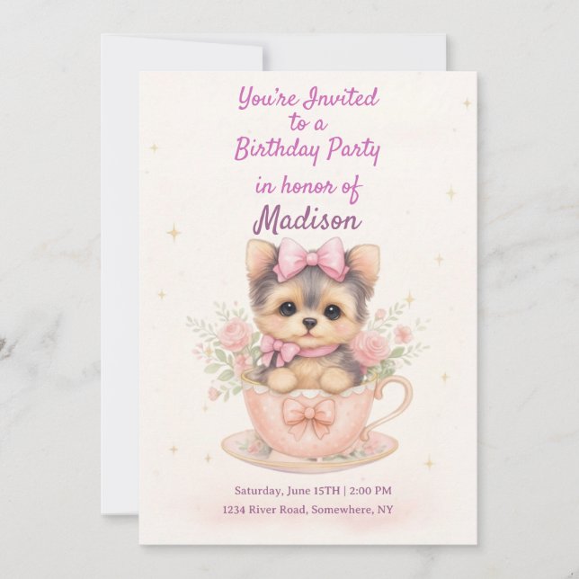Invitación de cumpleaños de Kawaii Yorkie Teacup G (Anverso)