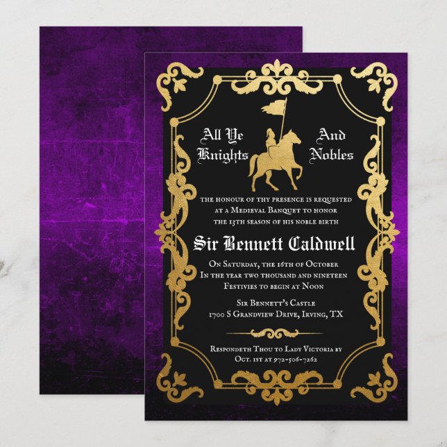 Invitación de cumpleaños de Knight Jousting mediev (Anverso / Reverso)