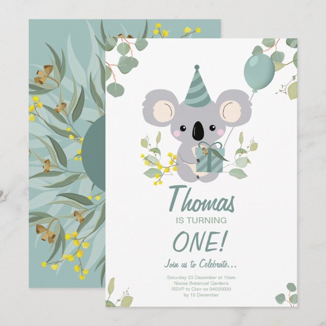 Invitación de cumpleaños de Koala (Anverso / Reverso)