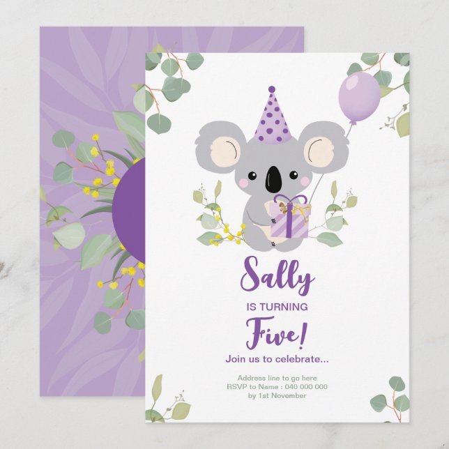 Invitación de cumpleaños de Koala (Anverso / Reverso)