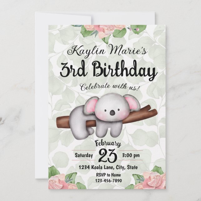 Invitación de cumpleaños de Koala (Anverso)