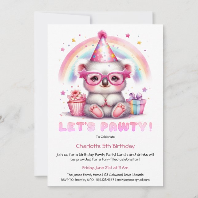 Invitación de Cumpleaños de Koala Adorable – Celeb (Anverso)