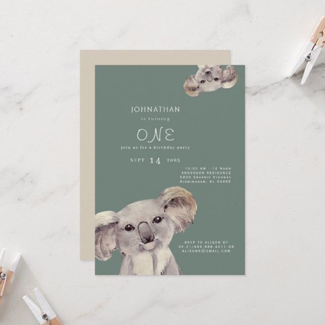 Invitación de cumpleaños de Koala adorable con tem (Anverso/Reverso In Situ)