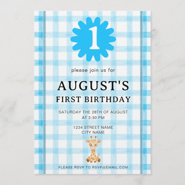 Invitación de cumpleaños de koala con cuadros azul (Anverso)